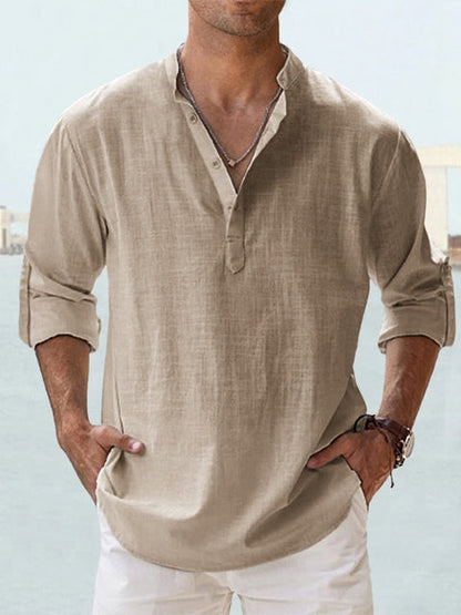 Men's relaxed fit linen shirt mandarin collar long sleeve breathable lightweight casual top