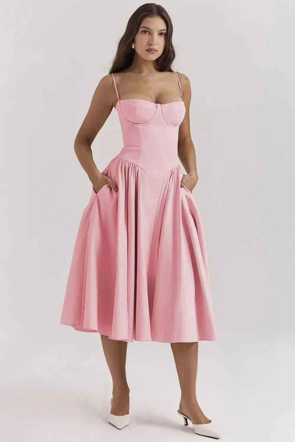 Ivory pleated midi dress with slim spaghetti straps and structured seam-cup bodice for spring