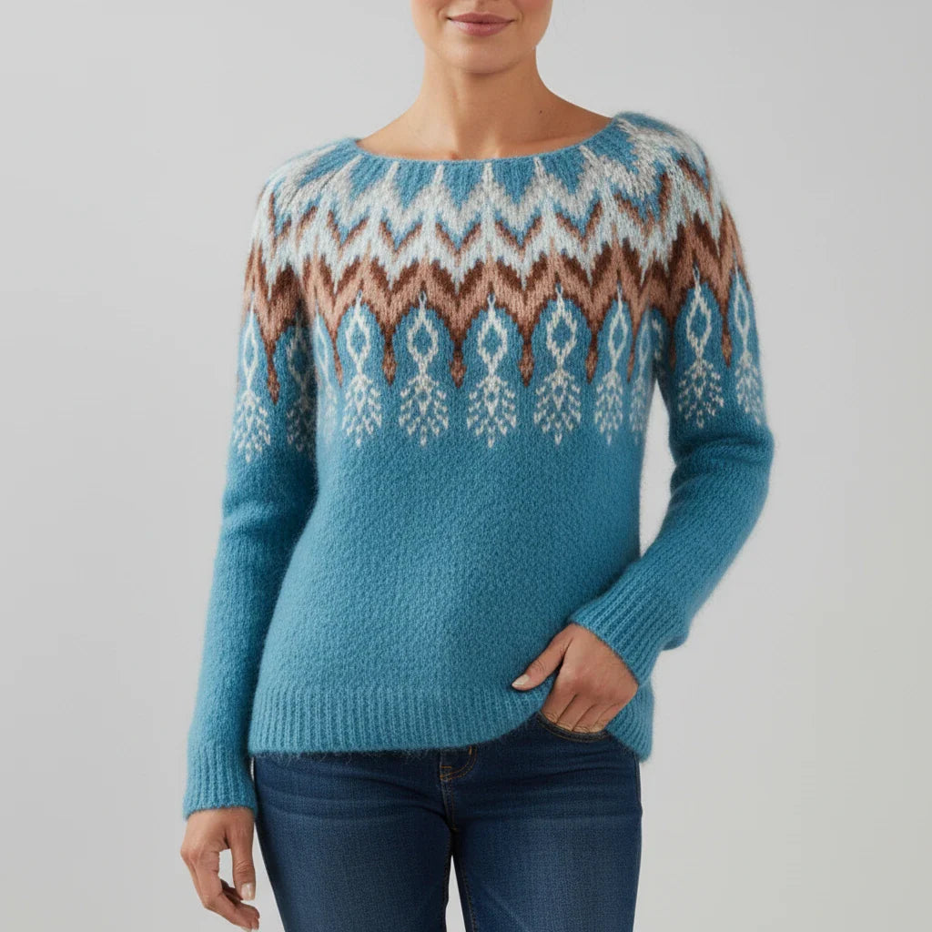 Women's relaxed-fit crewneck knit sweater with cozy Fair Isle tree pattern print