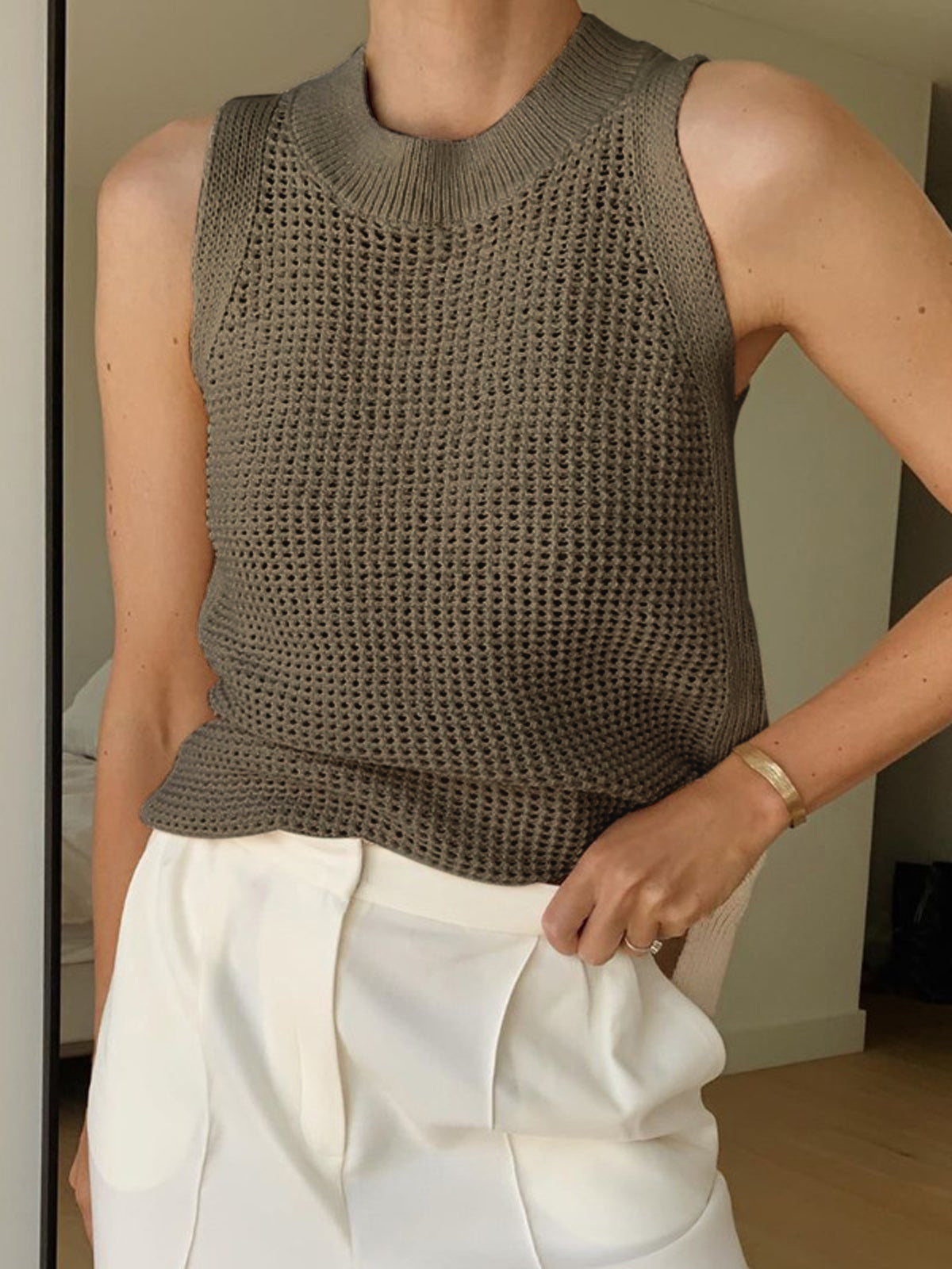 Women's casual knit hollow tank top, sleeveless crew neck solid summer essential with breathable open-knit texture