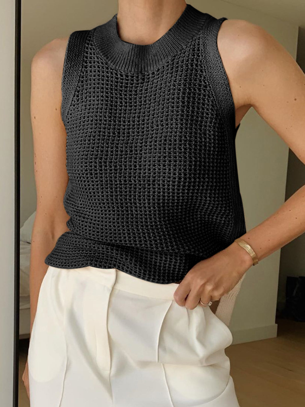 Women's casual knit hollow sleeveless tank top crew neck breathable solid summer essential