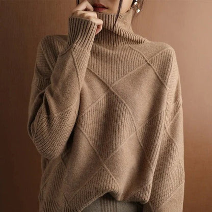 Beige classic crew neck knitted sweater with ribbed texture and relaxed regular fit