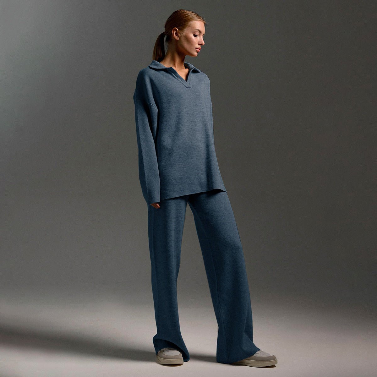 Women's gray knitted tracksuit set relaxed fit cozy two-piece lounge co-ord with ribbed texture