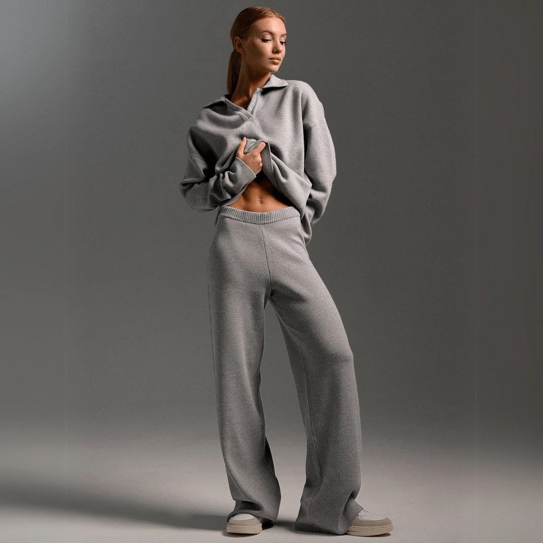 Women's beige knitted tracksuit set relaxed fit cozy ribbed texture luxury loungewear