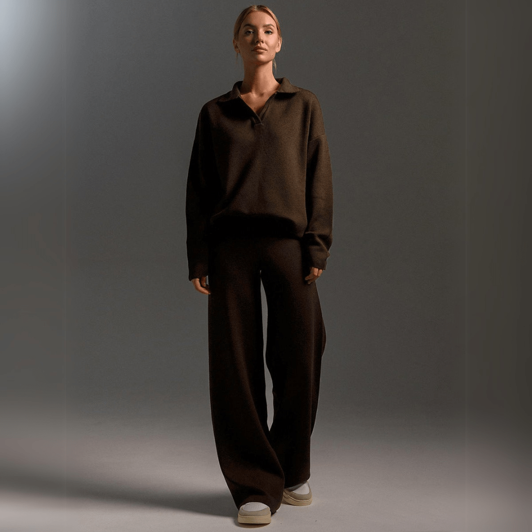 Women's beige knitted tracksuit set, relaxed fit with ribbed texture, luxury loungewear matching two-piece
