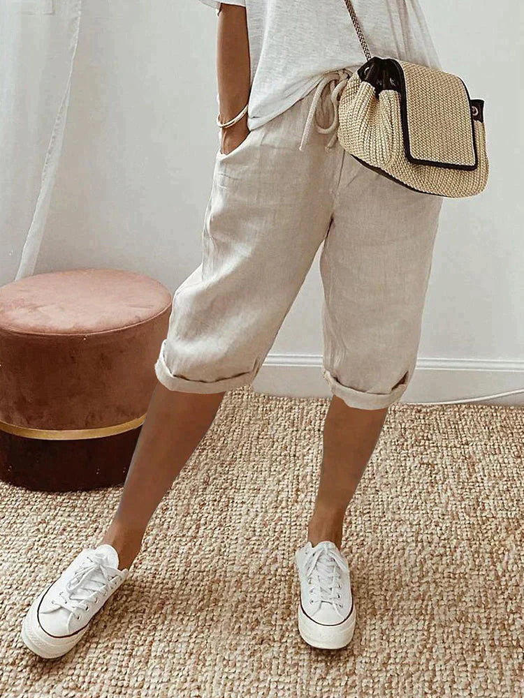 Greta lightweight summer pants in relaxed knee-length cut with adjustable drawstring waist