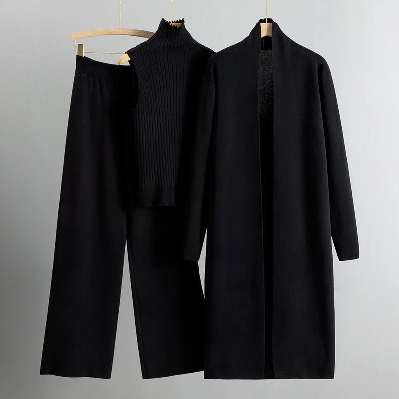 Elegant three-piece women's set in neutral tones, polished silhouette with versatile layering design