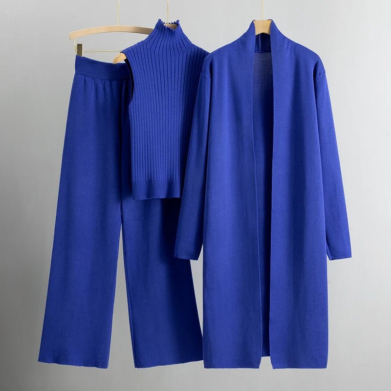 Elegant three-piece women's set in neutral tones, polished relaxed-fit style with versatile layering design