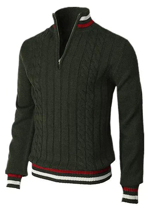 Men's cable knit half-zip sweater with ribbed edges, relaxed casual fit for fall layering
