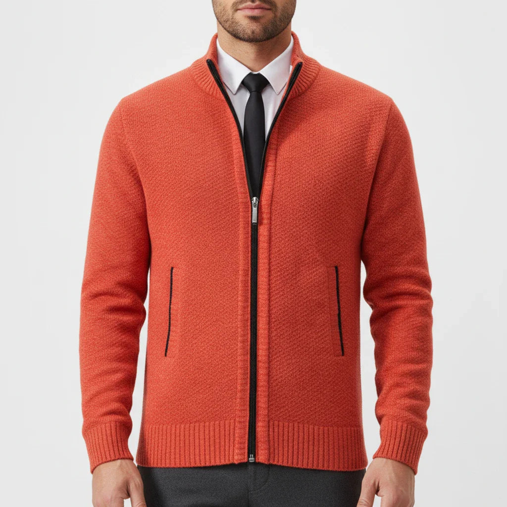 Men's zip-up stand collar sweater in neutral tone, slim fit with full-length zipper for versatile layering
