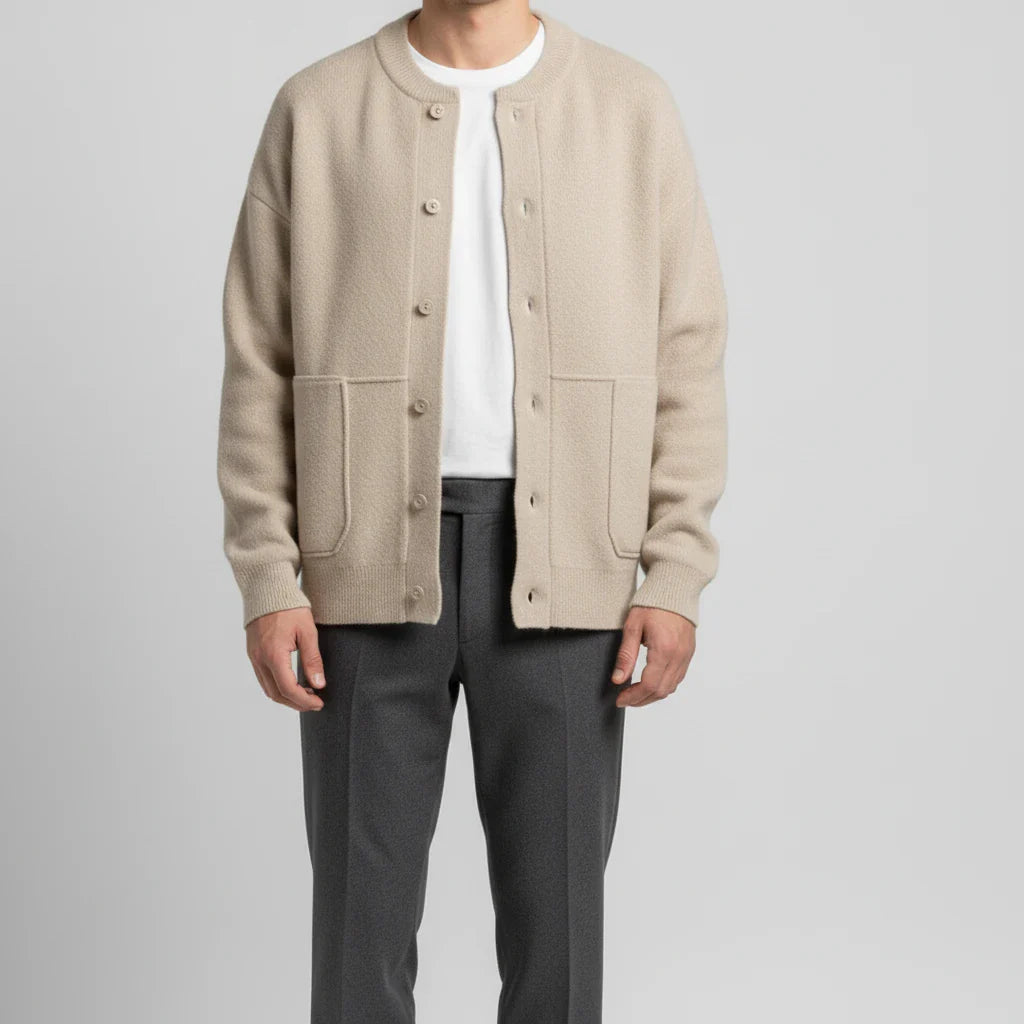 Men's olive green button-front cardigan relaxed fit with patch pockets and ribbed trim knitwear