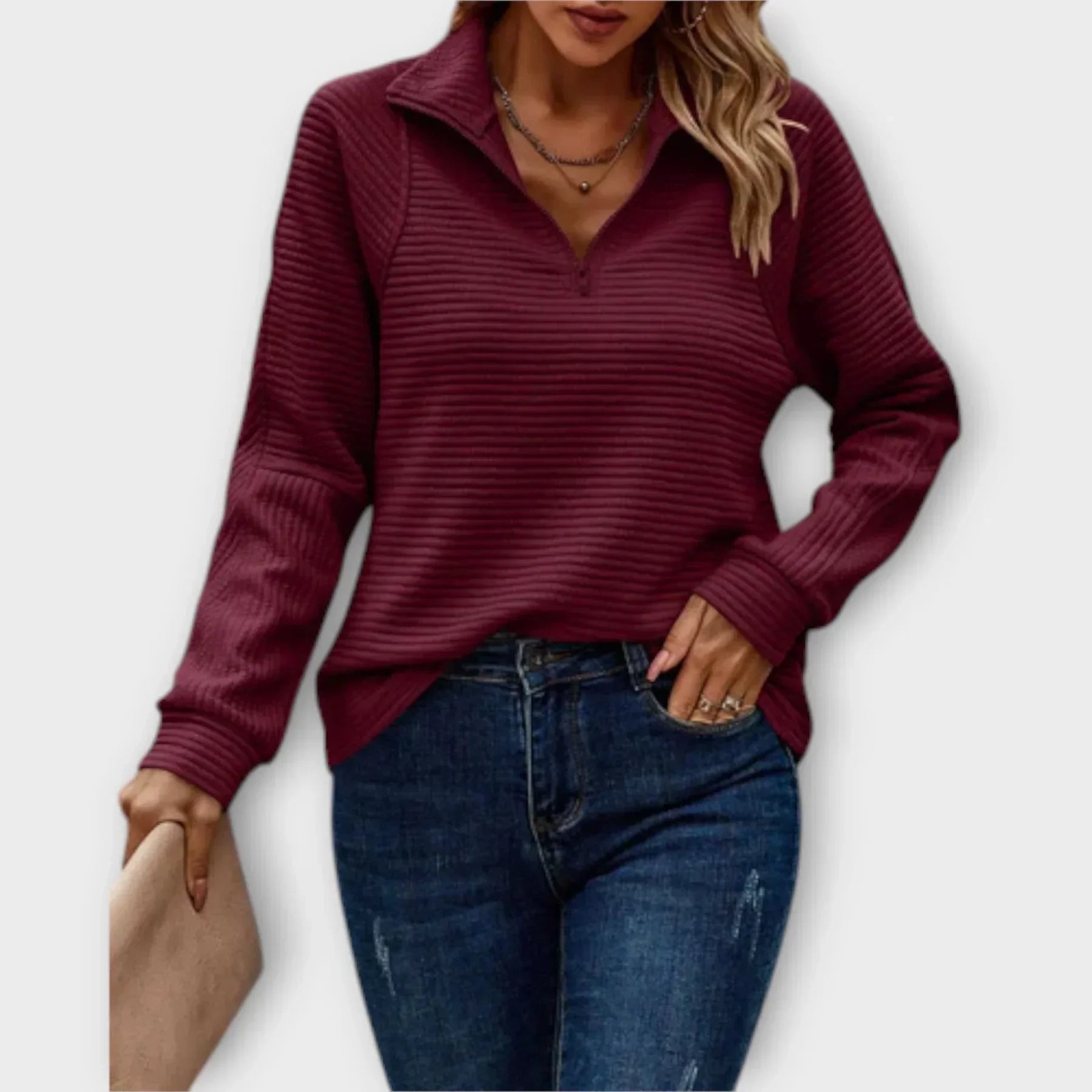 Victoria half-zip pullover in soft breathable fabric with adjustable zip neckline for casual chic layering