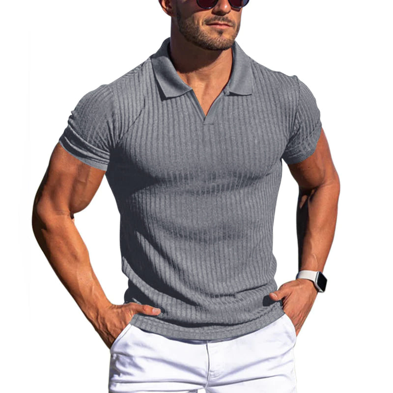 Men's slim fit ribbed knit polo shirt short sleeve navy premium everyday casual wear