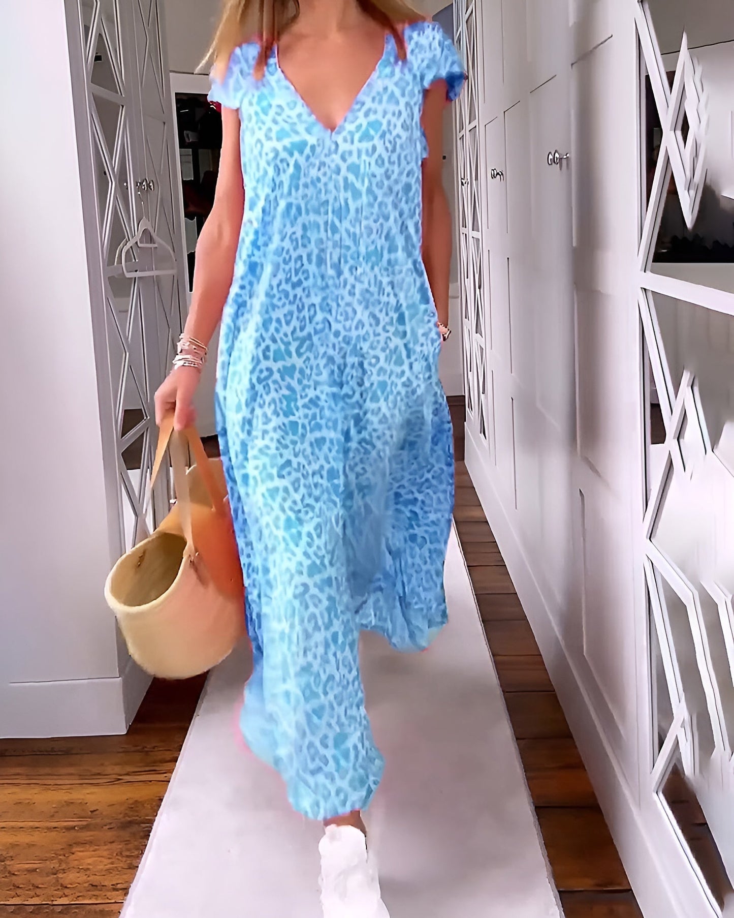 Women's loose fit long dress blue floral print V-neck short sleeve elegant cocktail style