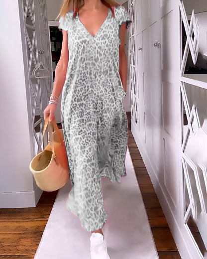 Women's loose fit long dress floral print V-neck short sleeve cocktail style lightweight fabric