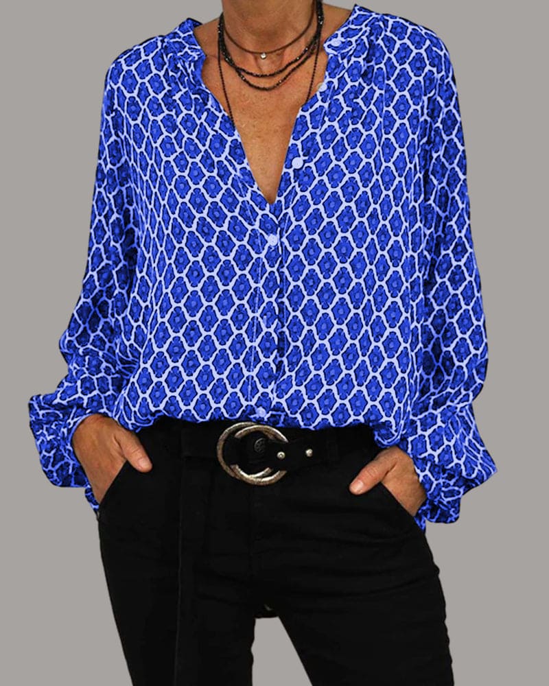 Autumn geometric print V-neck blouse in multicolor, deep neckline, professional polished fit