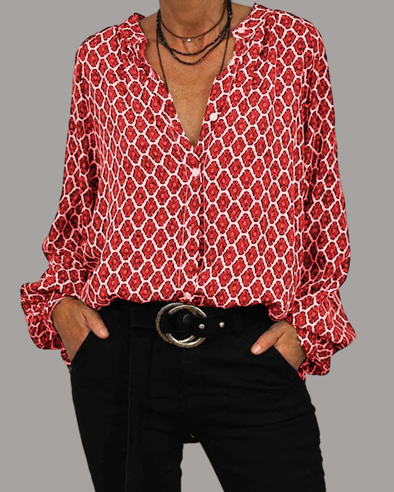 Autumn V-neck blouse geometric print deep V-neckline professional women comfort fit