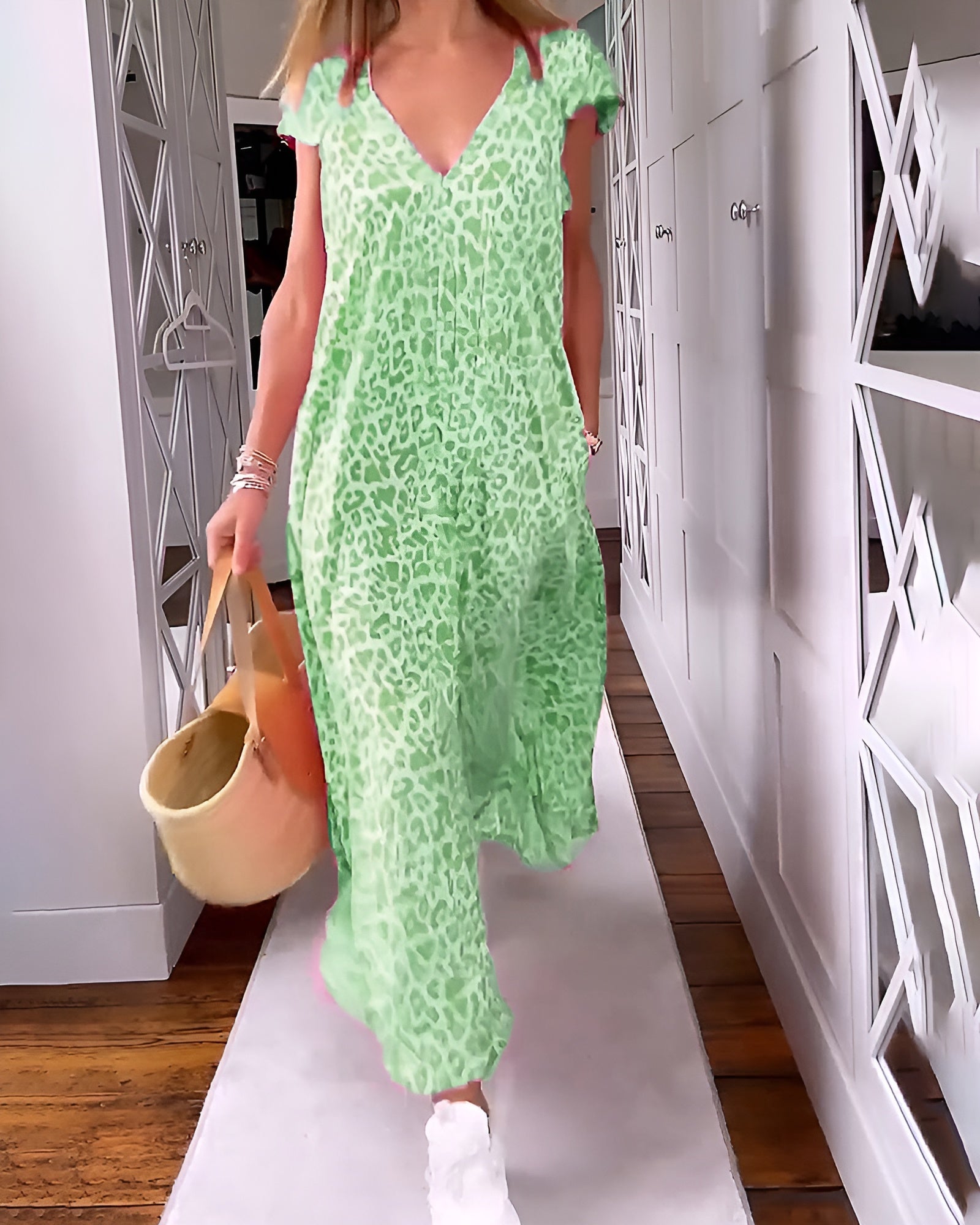 Women's loose fit long dress V-neck short sleeve floral print cocktail style multicolor