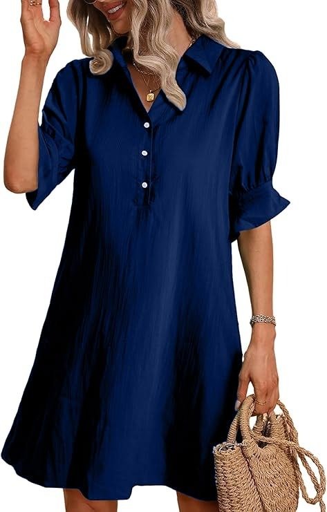 Black women's button-down shirt dress, 3/4 sleeve with ruffle cuffs, A-line knee-length silhouette
