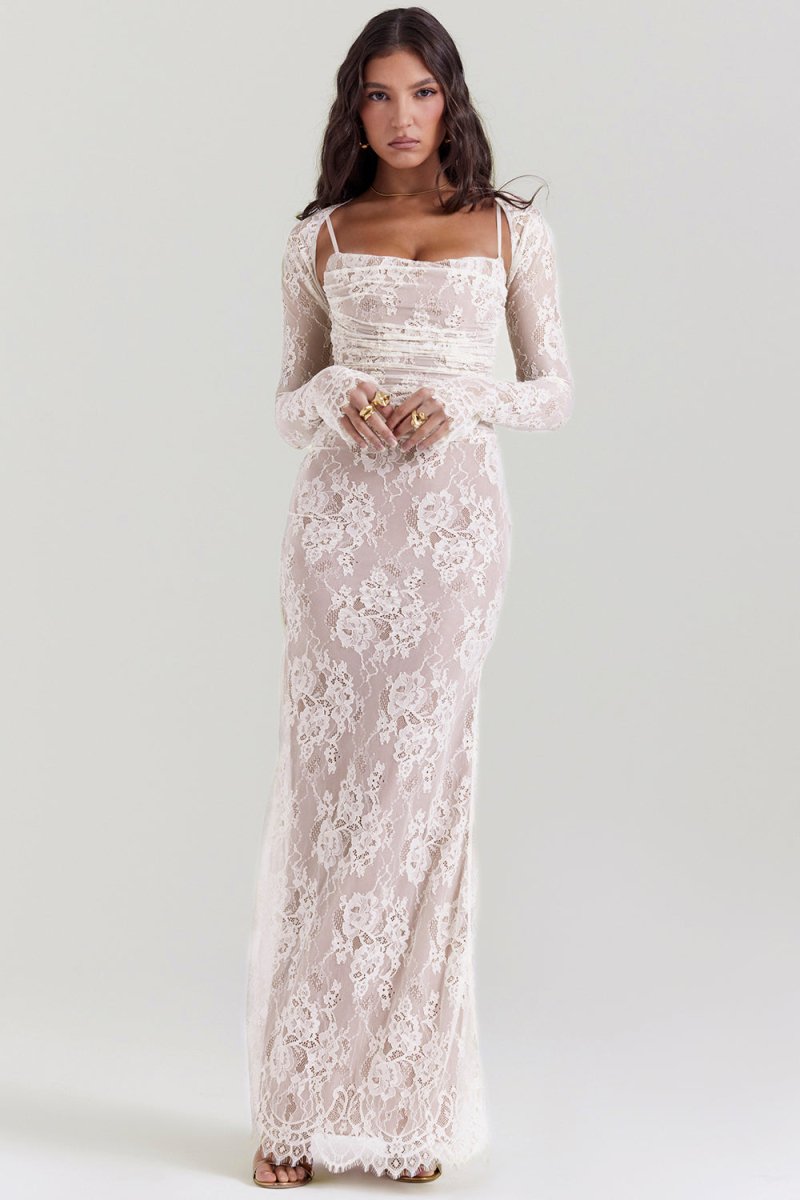 Women's black lace fitted evening dress with corset-inspired bodice and long sleeves