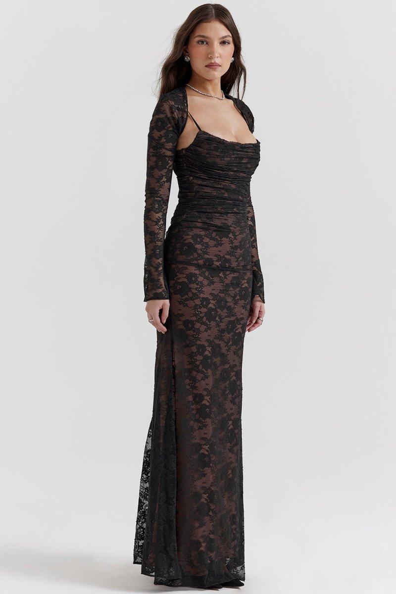 Women's black lace fitted evening dress with corset-inspired bodice and long sleeves
