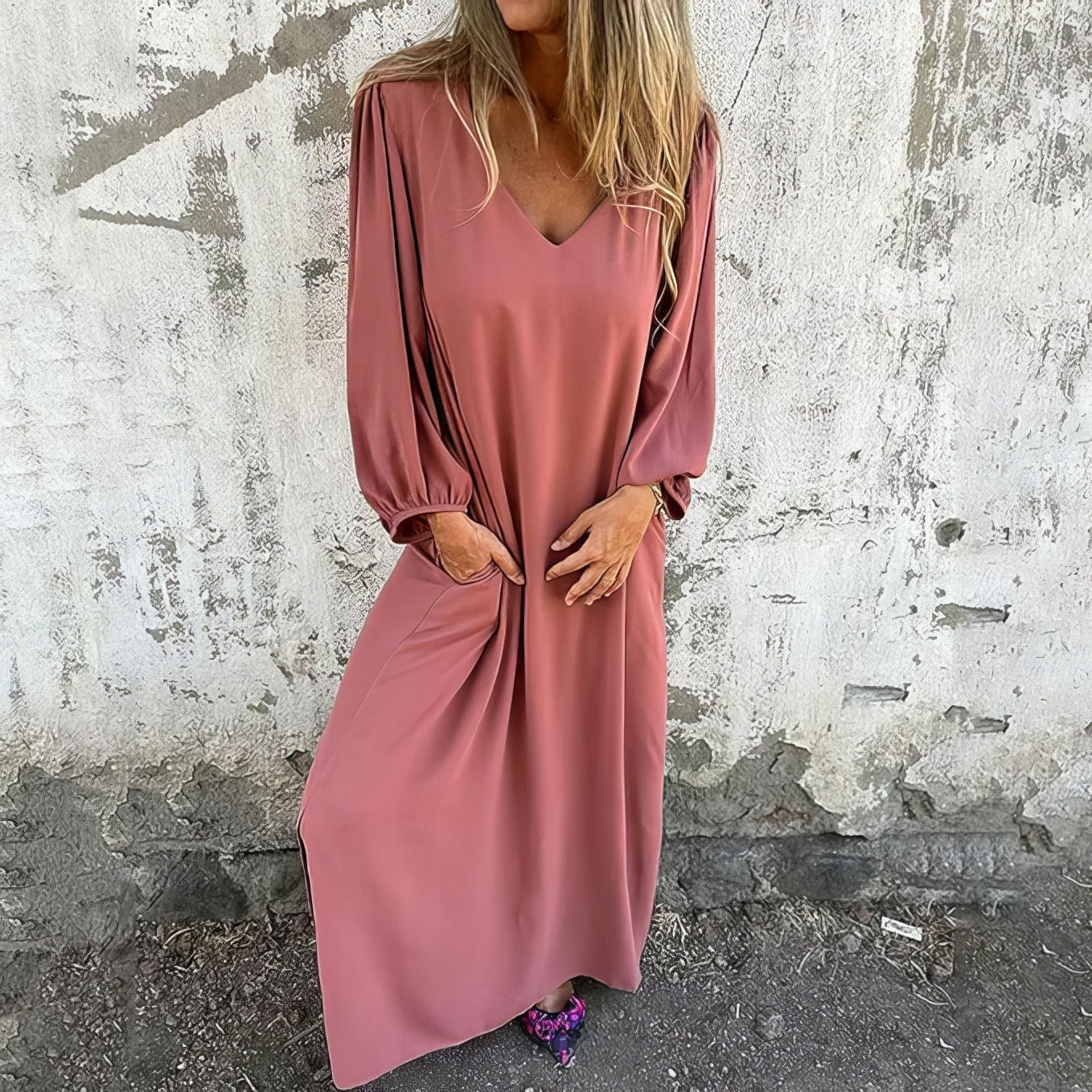 Flowing maxi dress with pockets, graceful drape and side slit, effortless elegant style for women