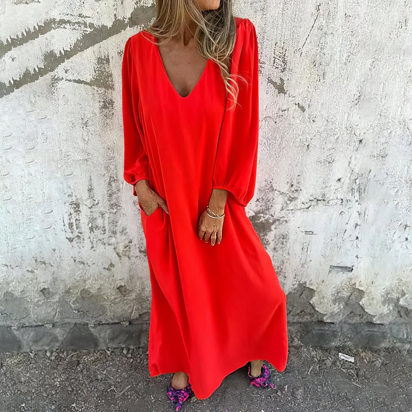 Flowing maxi dress with pockets and side slit, graceful drape, timeless elegant silhouette