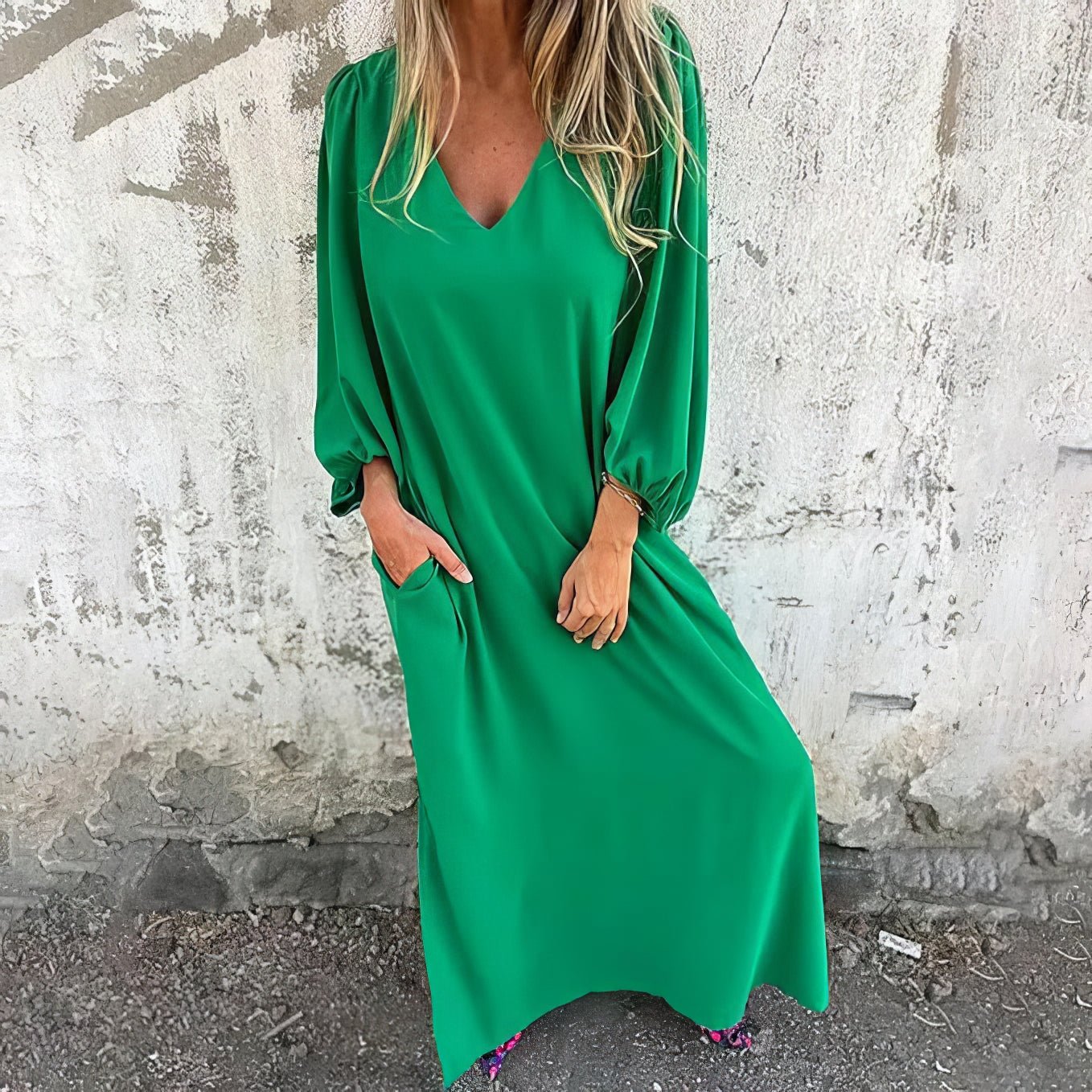 Flowing maxi dress with deep side slit and hidden pockets, elegant drape, timeless feminine style