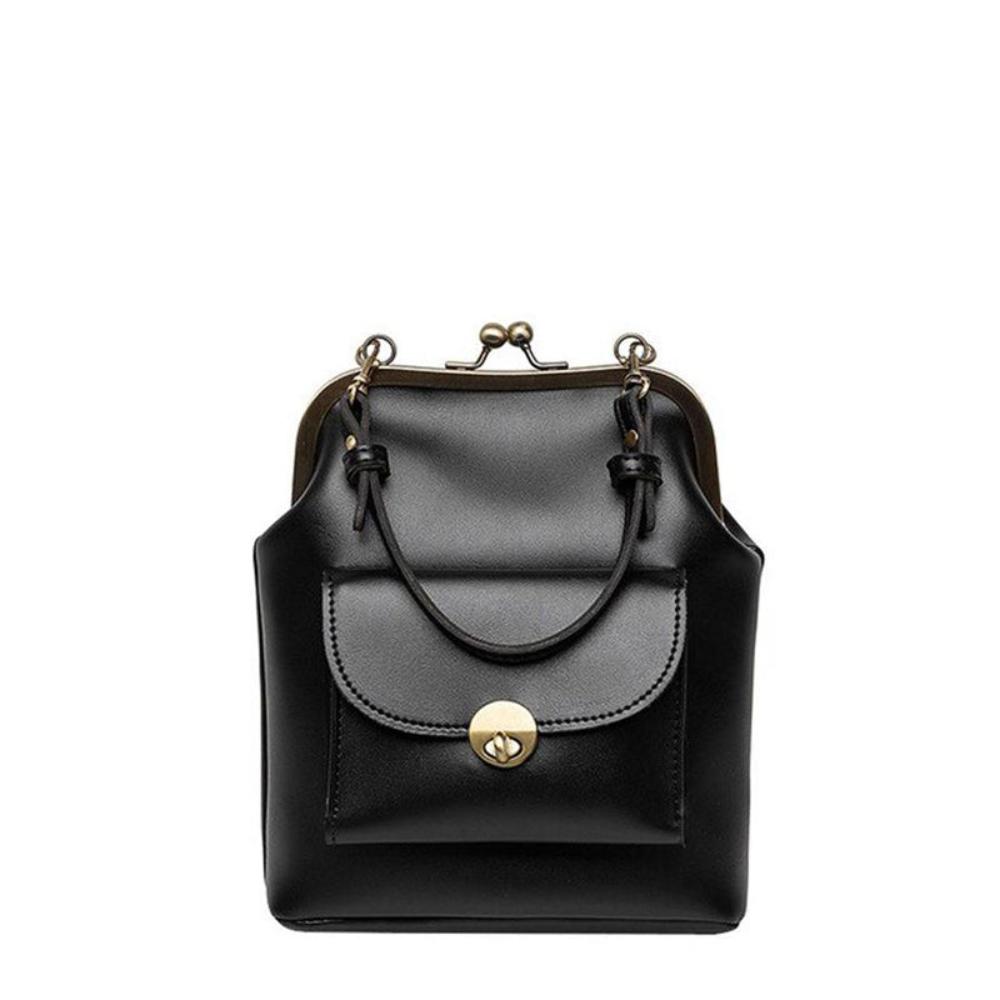 Wavlynn Diana black vegan leather structured handbag with secure clasp closure and top handle
