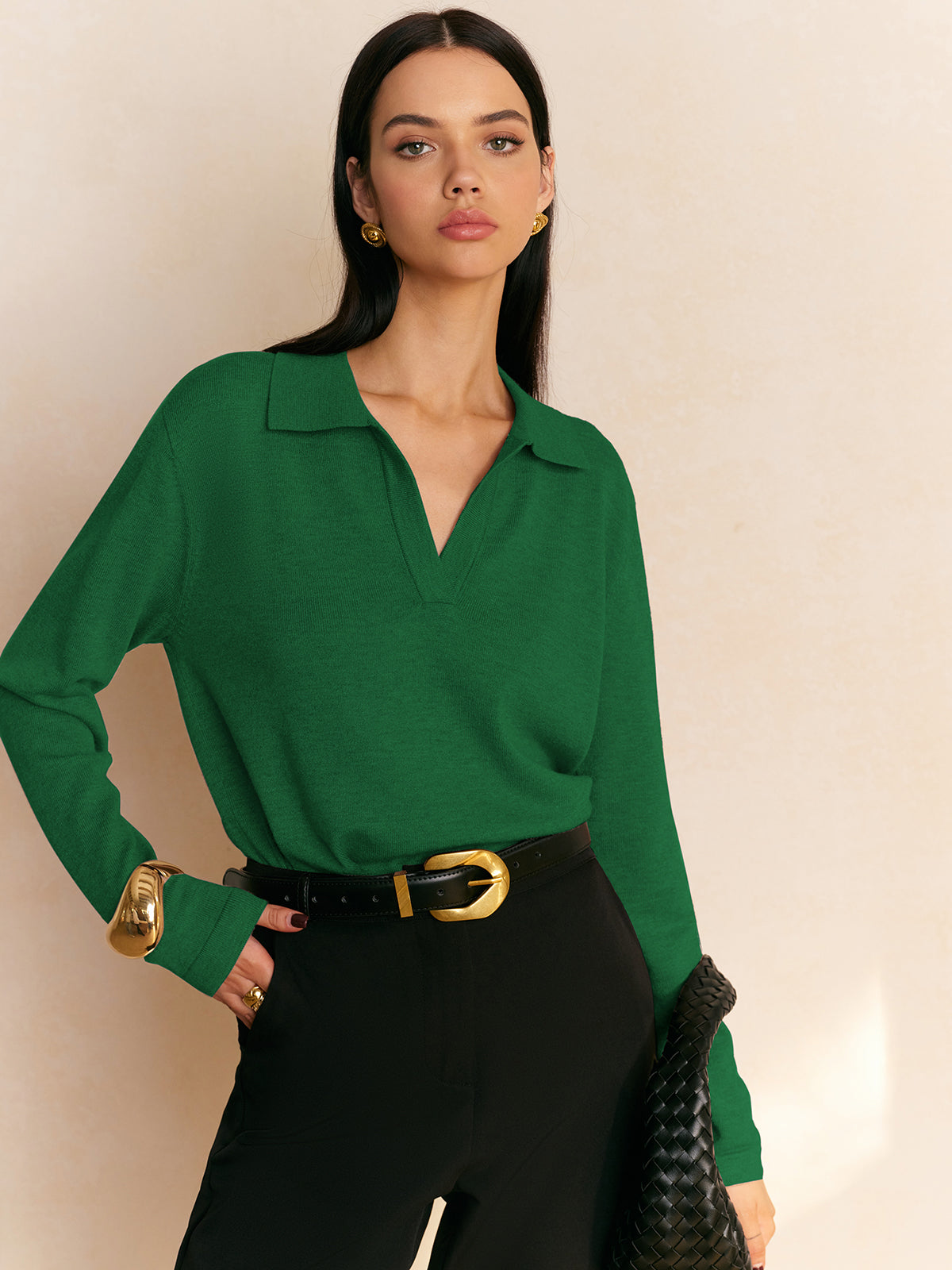 Casual elegant knit pullover sweater with collar, plain design, high-stretch shift fit for leisure