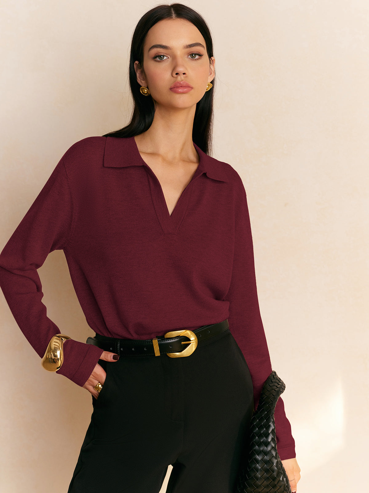 Casual elegant collared pullover sweater in plain knit with high-stretch shift fit for leisure