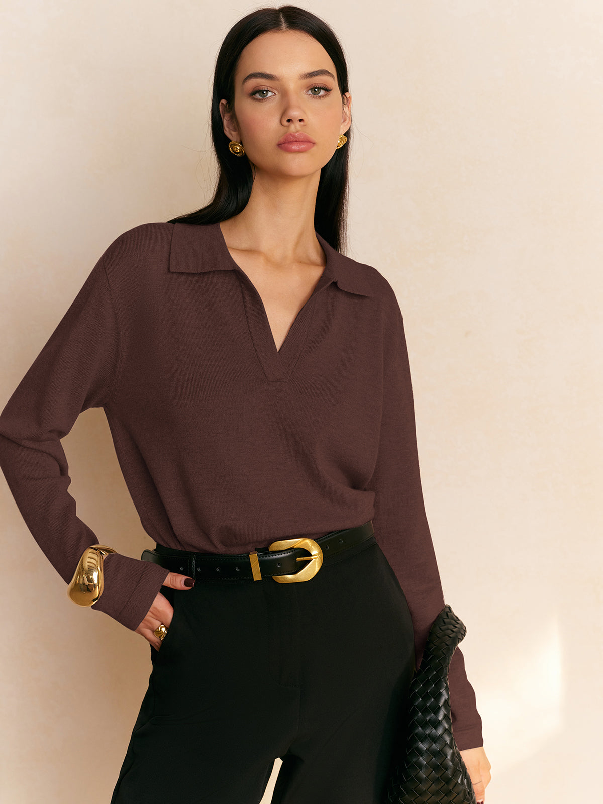Casual elegant collared pullover sweater in plain knit with high-stretch shift fit for leisure