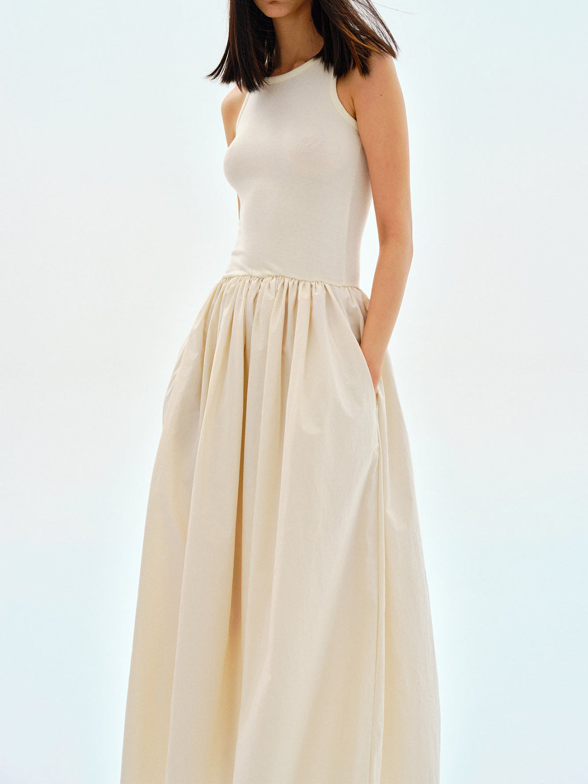 Casual ivory cotton-blend maxi dress with crew neck and relaxed long silhouette for effortless everyday style
