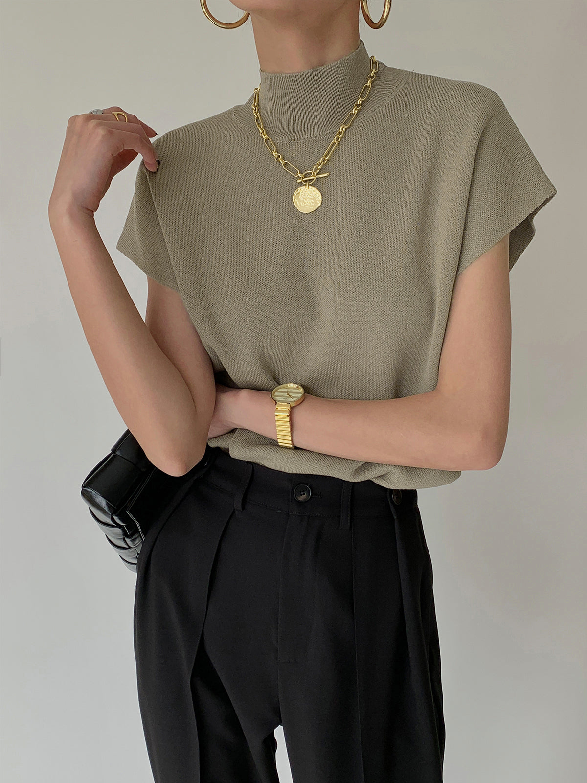 Solid knit pullover sweater vest casual sleeveless layering top with slight stretch