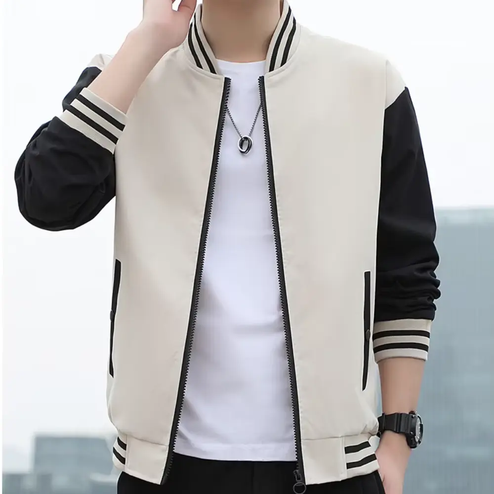 Leo splicing stripe varsity jacket with baseball collar, bold colorblock design and elastic cuffs for streetwear