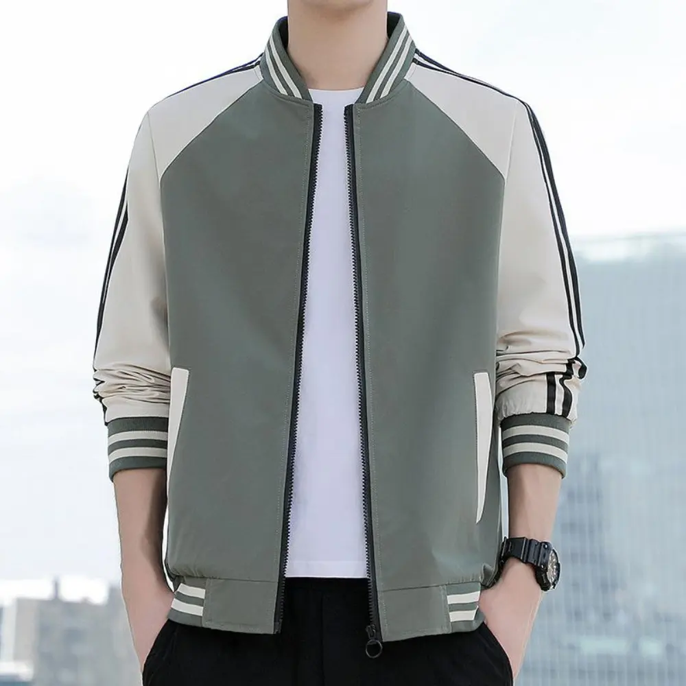 Leo splicing stripe varsity jacket with baseball collar, bold colorblock design and elastic cuffs for streetwear