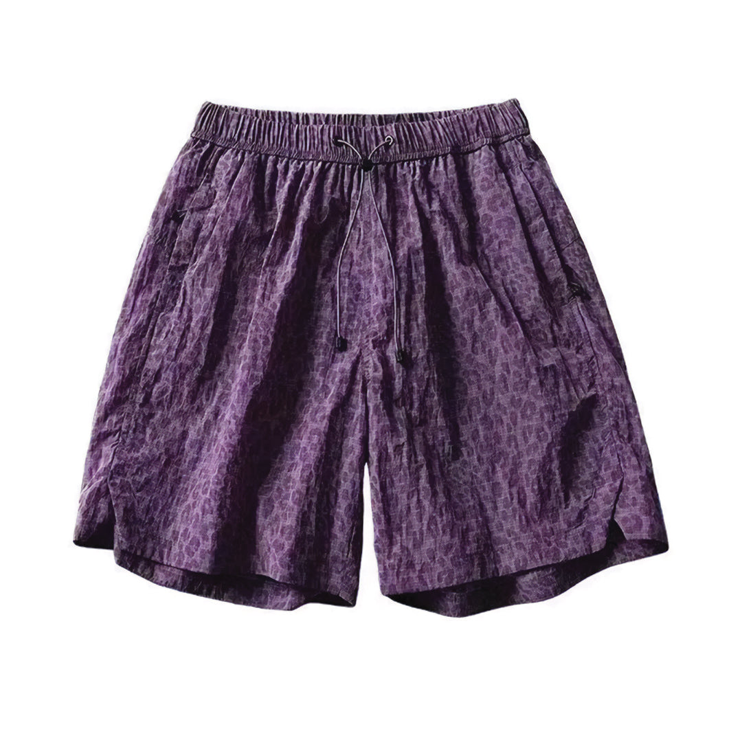 Leopard print quick-dry nylon shorts relaxed fit knee length with elasticated drawstring waist