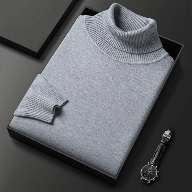 Men's dark turtleneck sweater premium cotton blend slim-fit versatile knit casual winter style