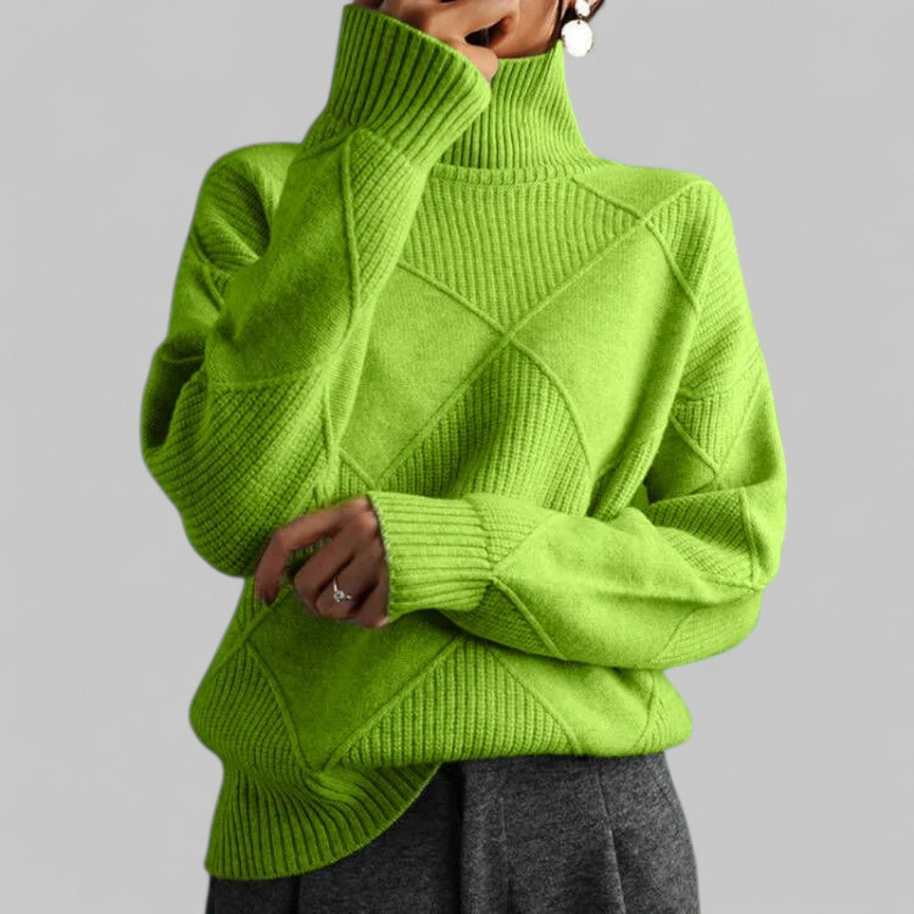 Women's oversized turtleneck sweater relaxed silhouette patterned bold texture winter layering piece