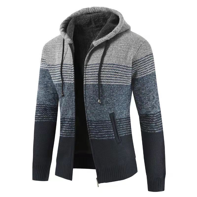 Men's striped knit zip-up hoodie cardigan jacket, cozy casual everyday layer with tonal pattern