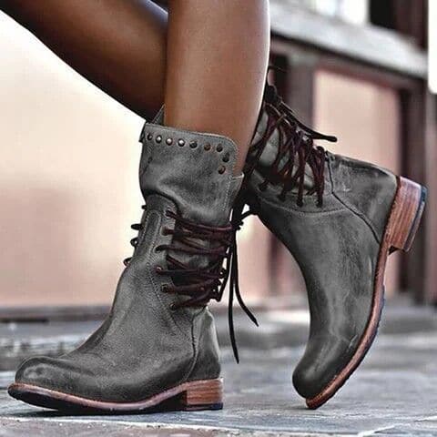 Women's mid-height lace-up PU leather boots in black with subtle stud accents and sturdy sole