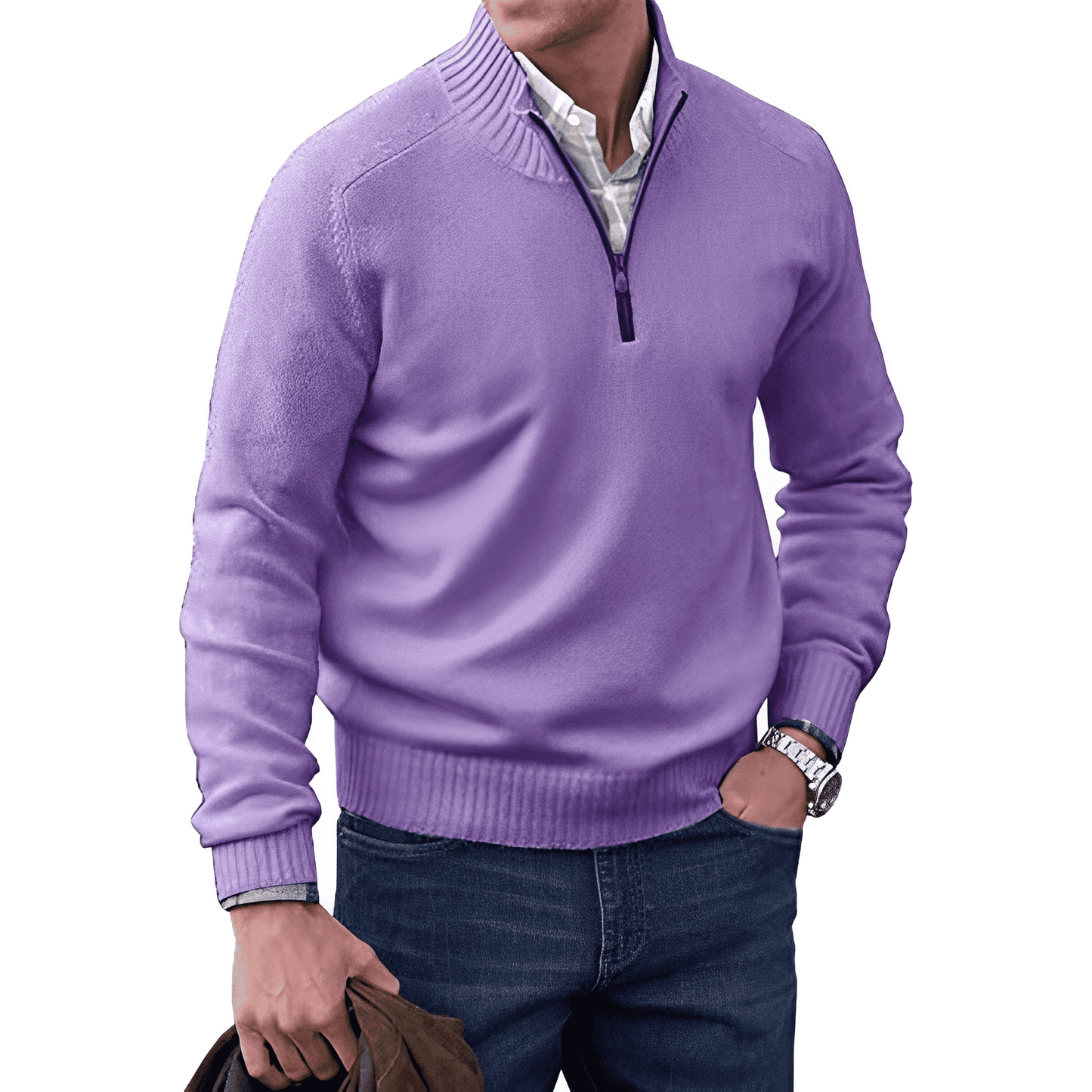 Men's grey knitted half-zip pullover jumper with soft cozy texture for smart-casual layering