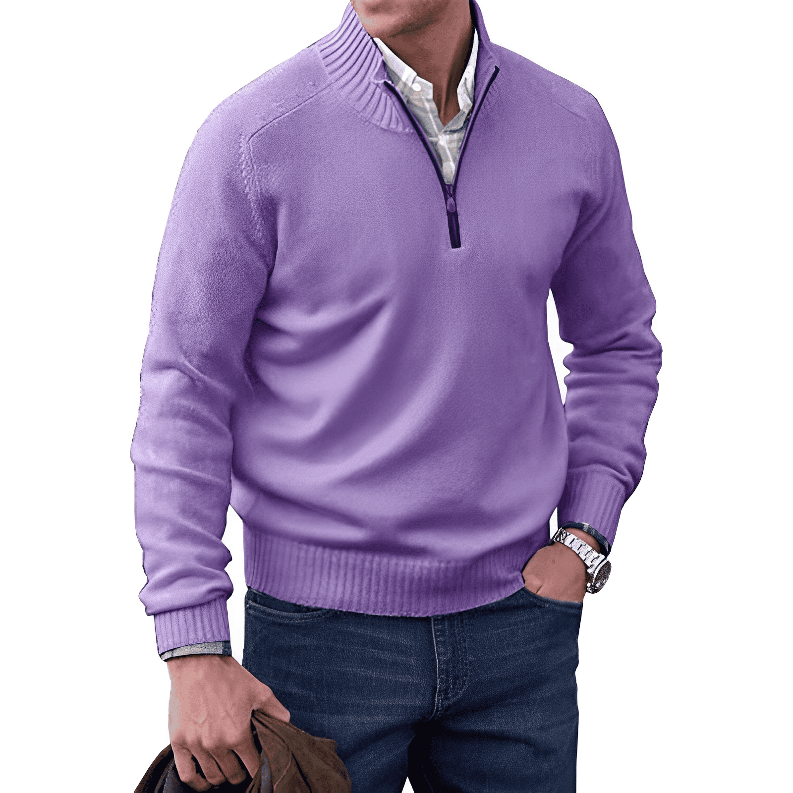 Men's grey knitted half-zip pullover jumper with soft cozy texture for smart-casual layering