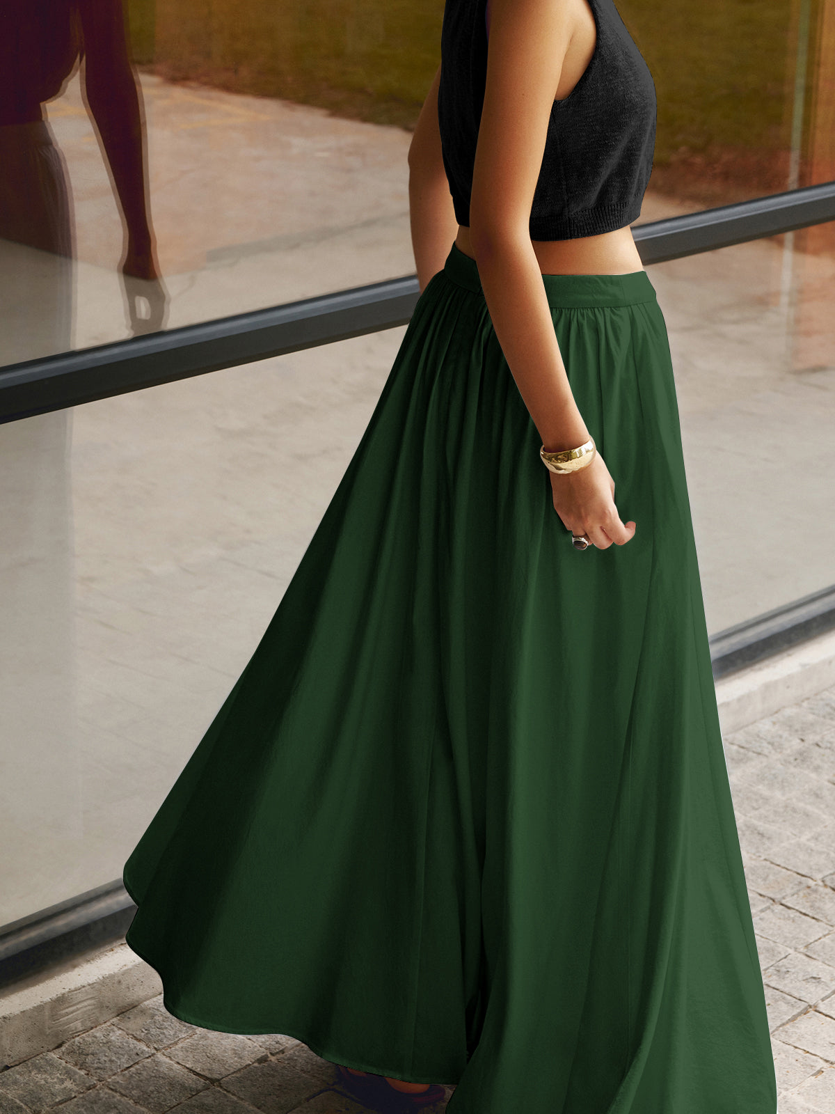 Women's high waist pleated A-line maxi skirt with hidden pockets, elegant flowy silhouette