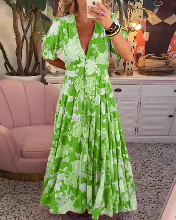 Flowy maxi dress soft waist-cinching silhouette lightweight breathable fabric summer style