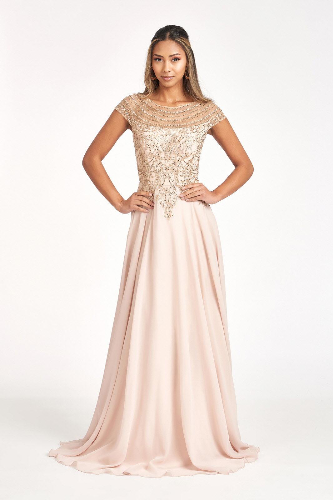 Elegant long formal chiffon mother of bride dress with cap sleeves, scoop neckline, and delicate bodice embroidery