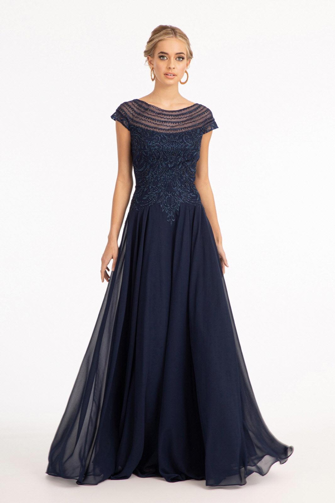 Long formal chiffon mother of bride dress with scoop neckline, cap sleeves, and delicate bodice embroidery