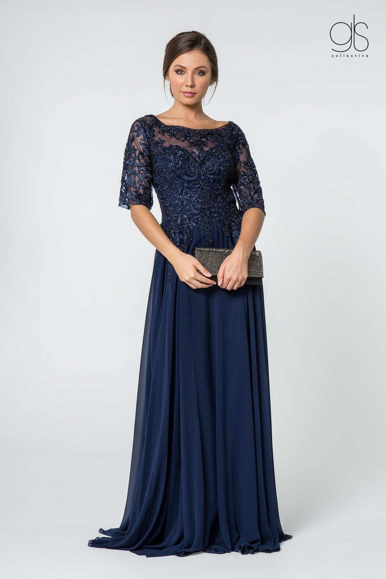 Long formal mother of the bride chiffon A-line gown with embroidered bodice and 3/4 sleeves