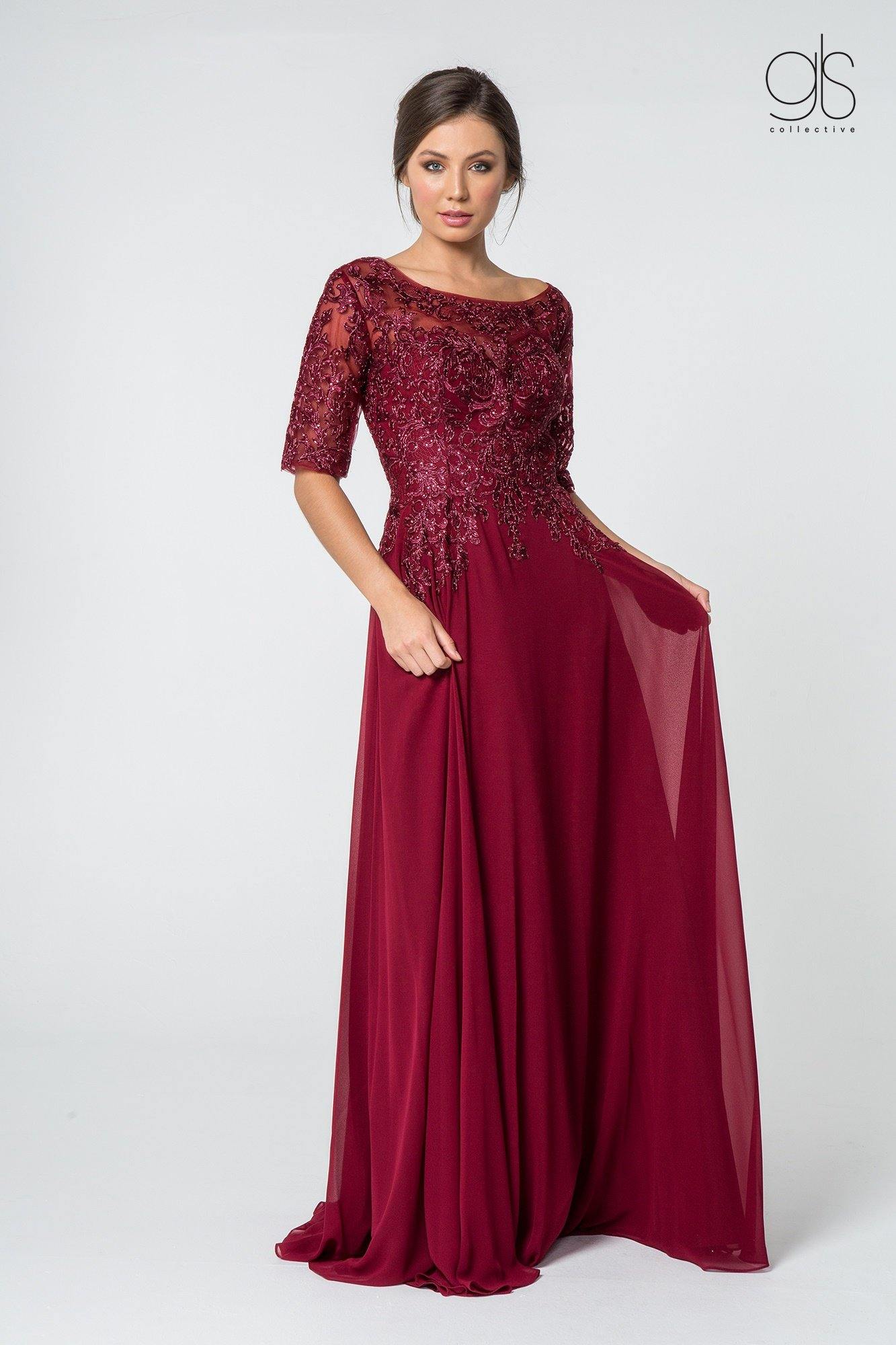 Long formal mother of the bride A-line chiffon gown with embroidered bodice and 3/4 sleeves