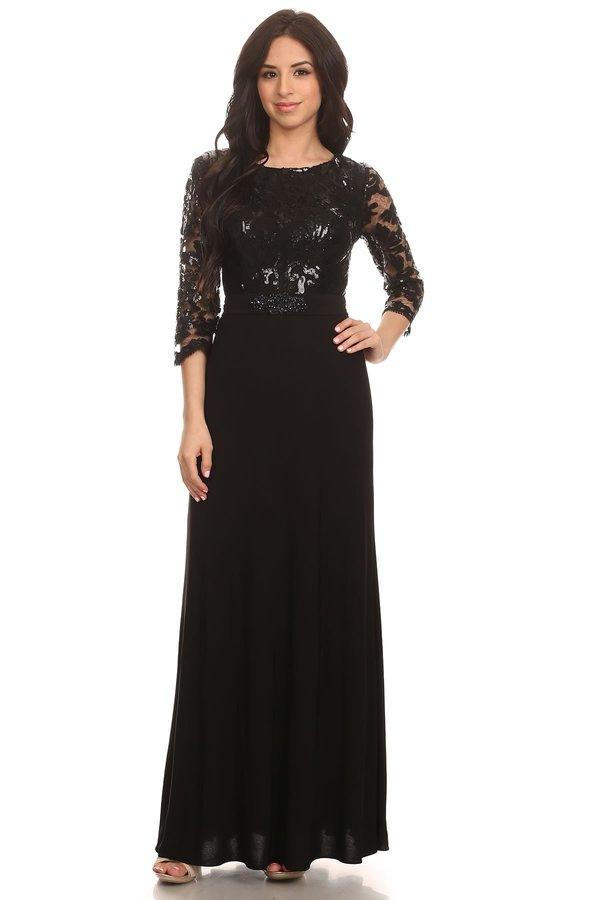 Long black sequin mother of the bride formal evening gown with 3/4 sleeves and ITY skirt